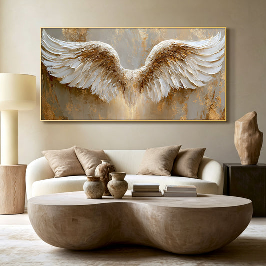 Golden angel wings impasto acrylic/oil painting on canvas, original palette knife textured wall art, handpainted