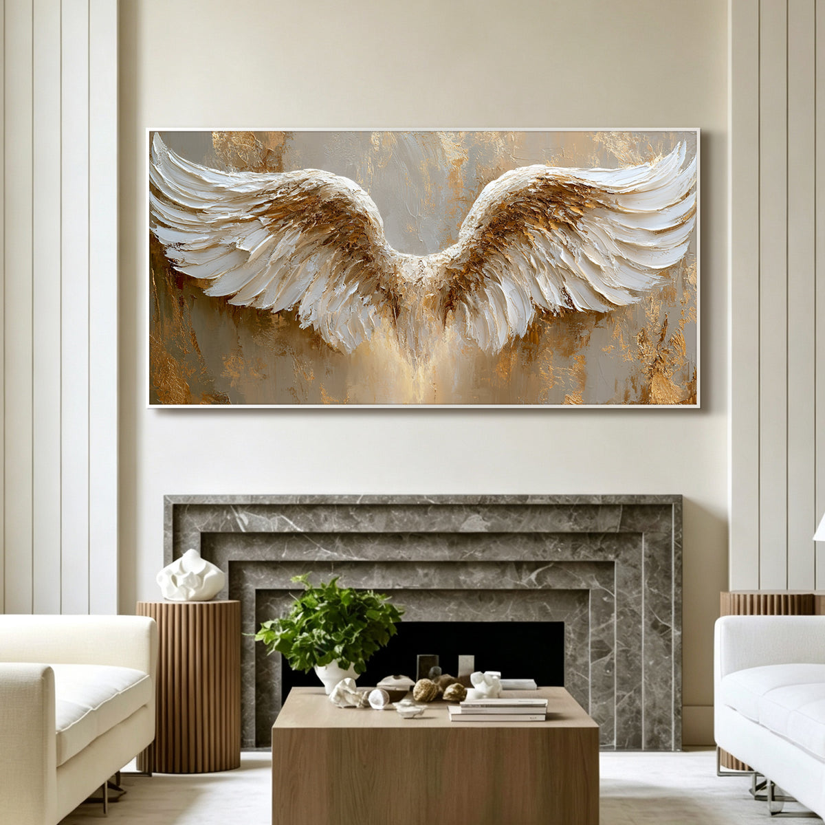 Golden angel wings impasto acrylic/oil painting on canvas, original palette knife textured wall art, handpainted