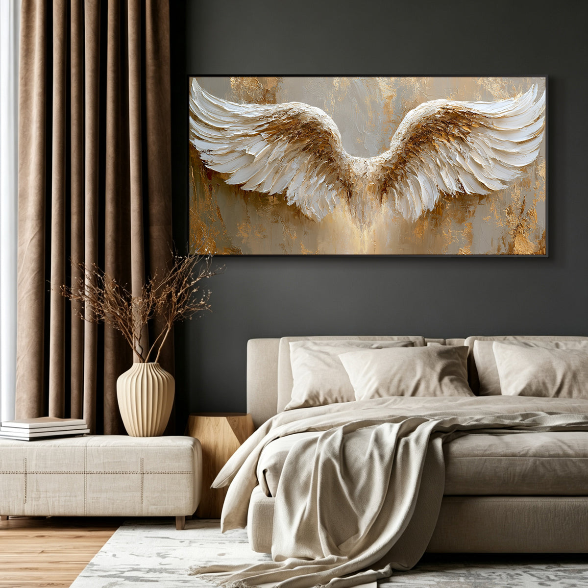 Golden angel wings impasto acrylic/oil painting on canvas, original palette knife textured wall art, handpainted