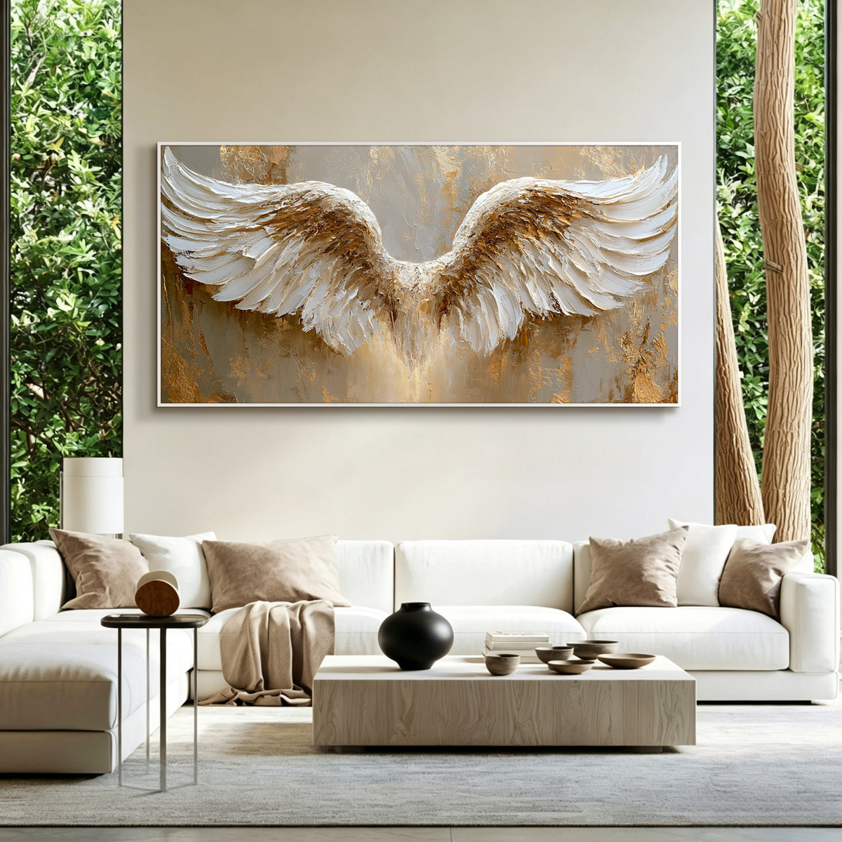Golden angel wings impasto acrylic/oil painting on canvas, original palette knife textured wall art, handpainted