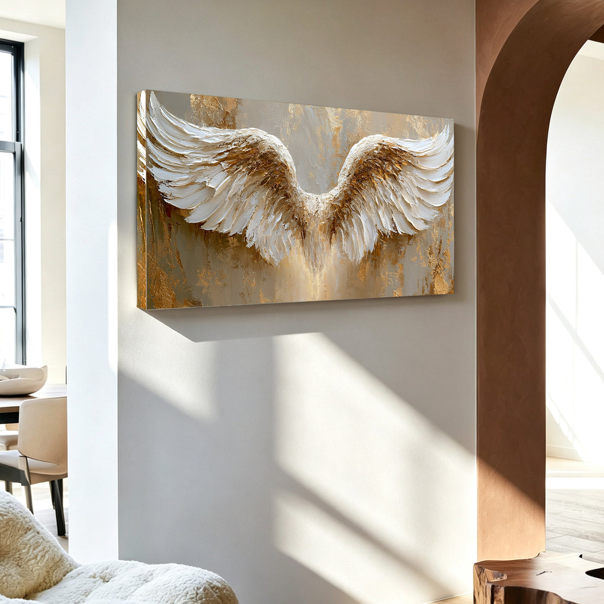 Golden angel wings impasto acrylic/oil painting on canvas, original palette knife textured wall art, handpainted