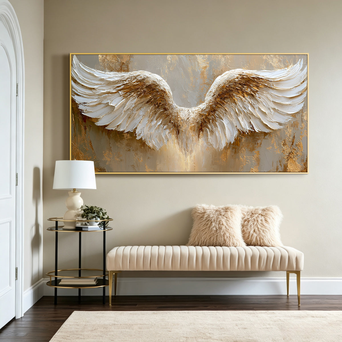 Golden angel wings impasto acrylic/oil painting on canvas, original palette knife textured wall art, handpainted
