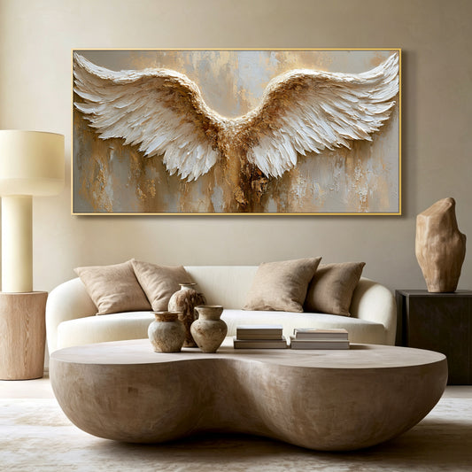Angel wings impasto acrylic/oil painting on canvas, original palette knife textured wall art, weathered gold handpainted