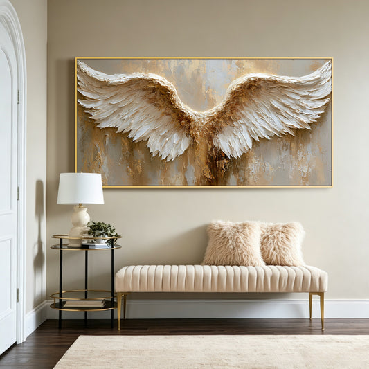 Angel wings impasto acrylic/oil painting on canvas, original palette knife textured wall art, weathered gold handpainted