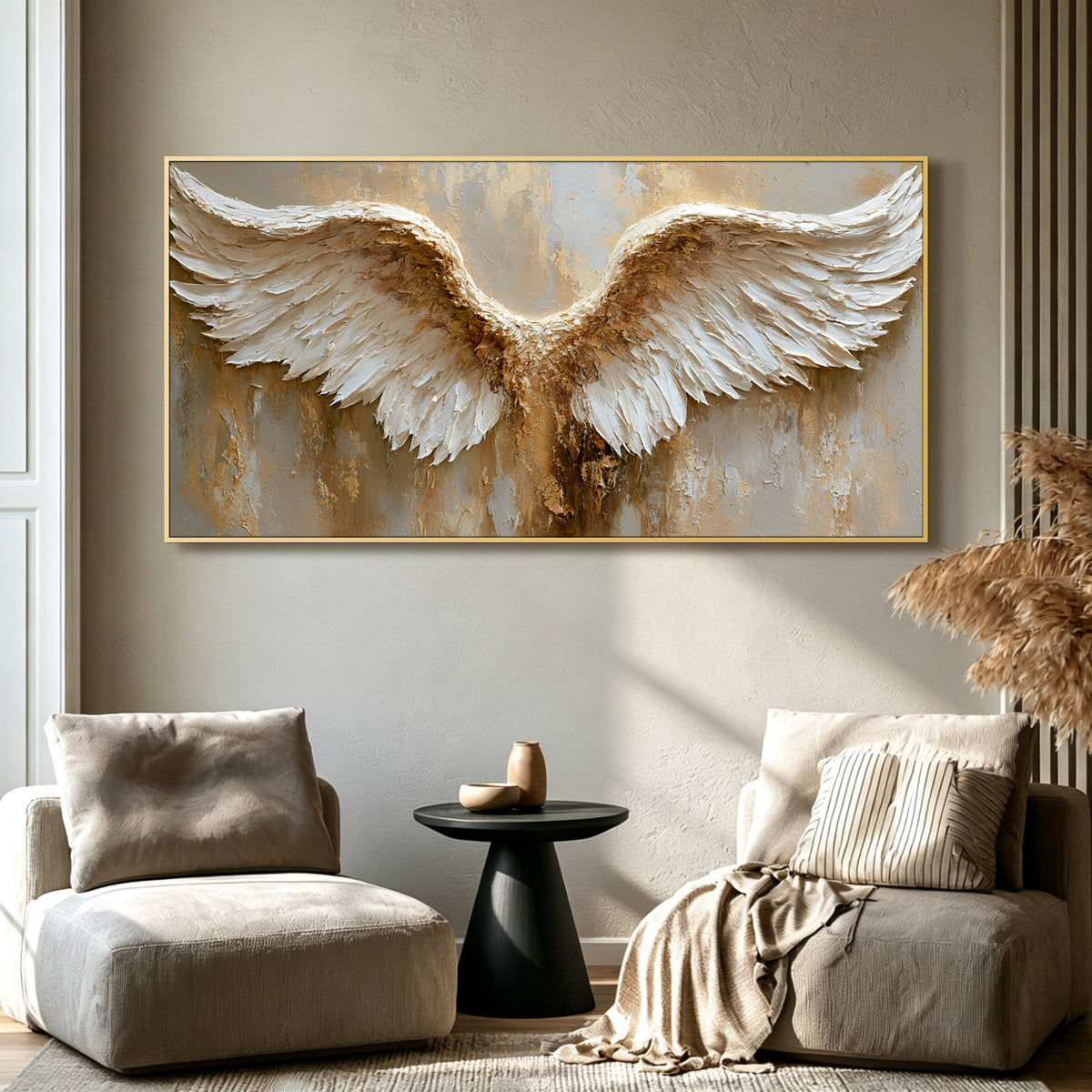 Angel wings impasto acrylic/oil painting on canvas, original palette knife textured wall art, weathered gold handpainted