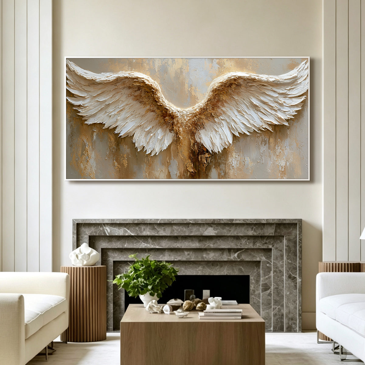 Angel wings impasto acrylic/oil painting on canvas, original palette knife textured wall art, weathered gold handpainted