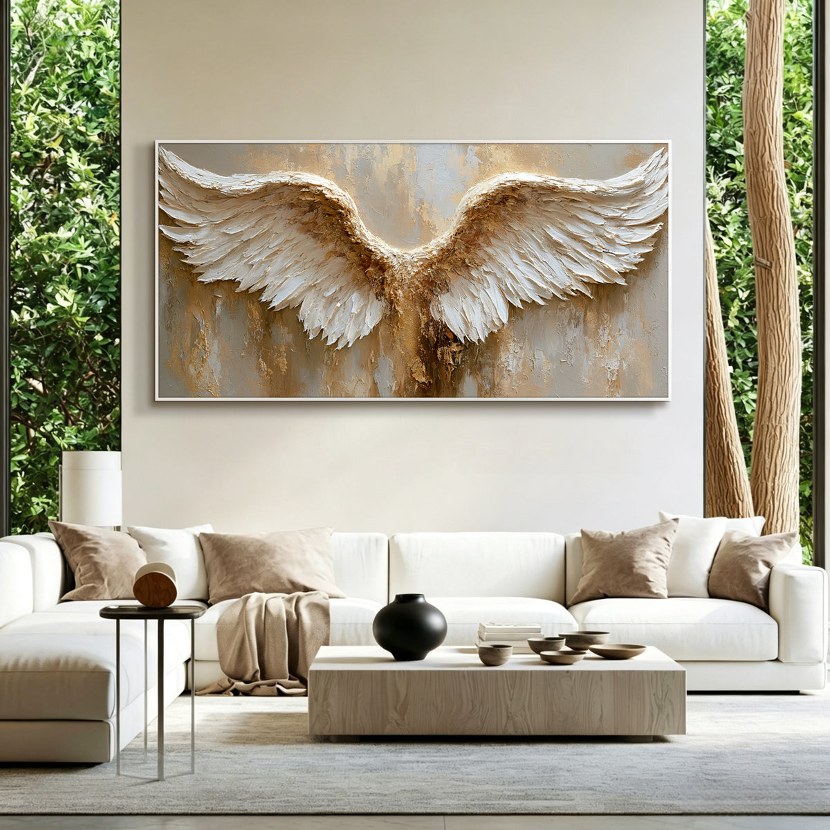 Angel wings impasto acrylic/oil painting on canvas, original palette knife textured wall art, weathered gold handpainted