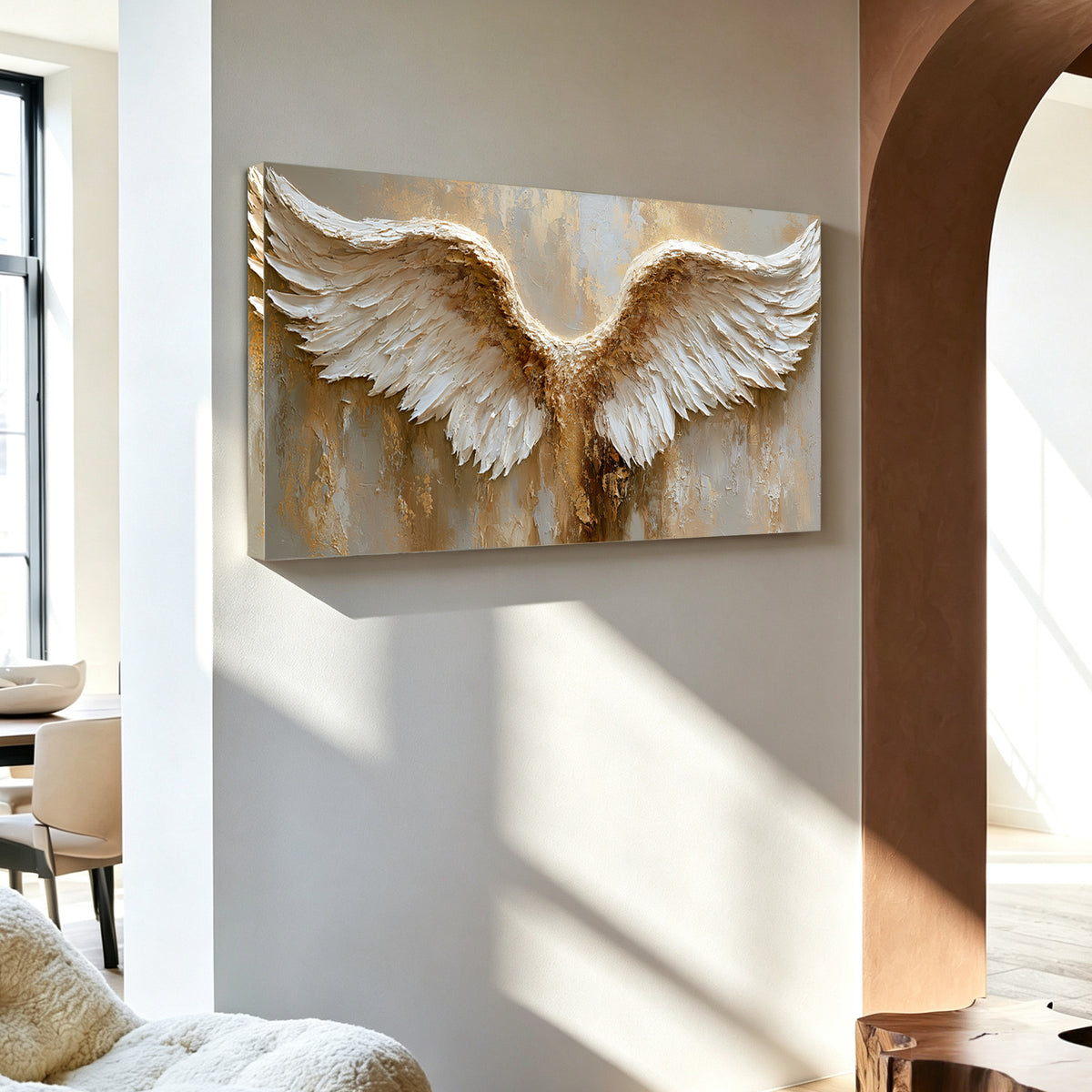 Angel wings impasto acrylic/oil painting on canvas, original palette knife textured wall art, weathered gold handpainted
