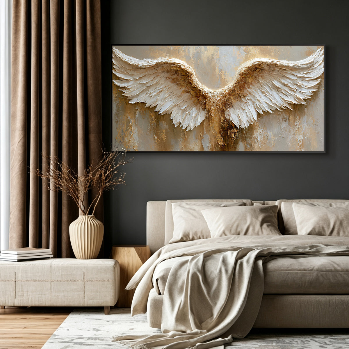Angel wings impasto acrylic/oil painting on canvas, original palette knife textured wall art, weathered gold handpainted