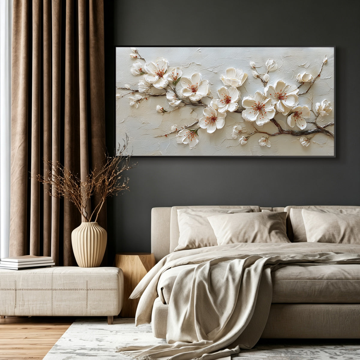 Cherry blossom impasto acrylic/oil painting on canvas, original palette knife textured wall art, rosy handpainted