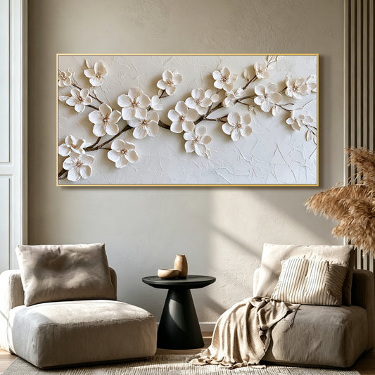 White cherry blossom impasto acrylic/oil painting on canvas, original palette knife textured wall art, handpainted