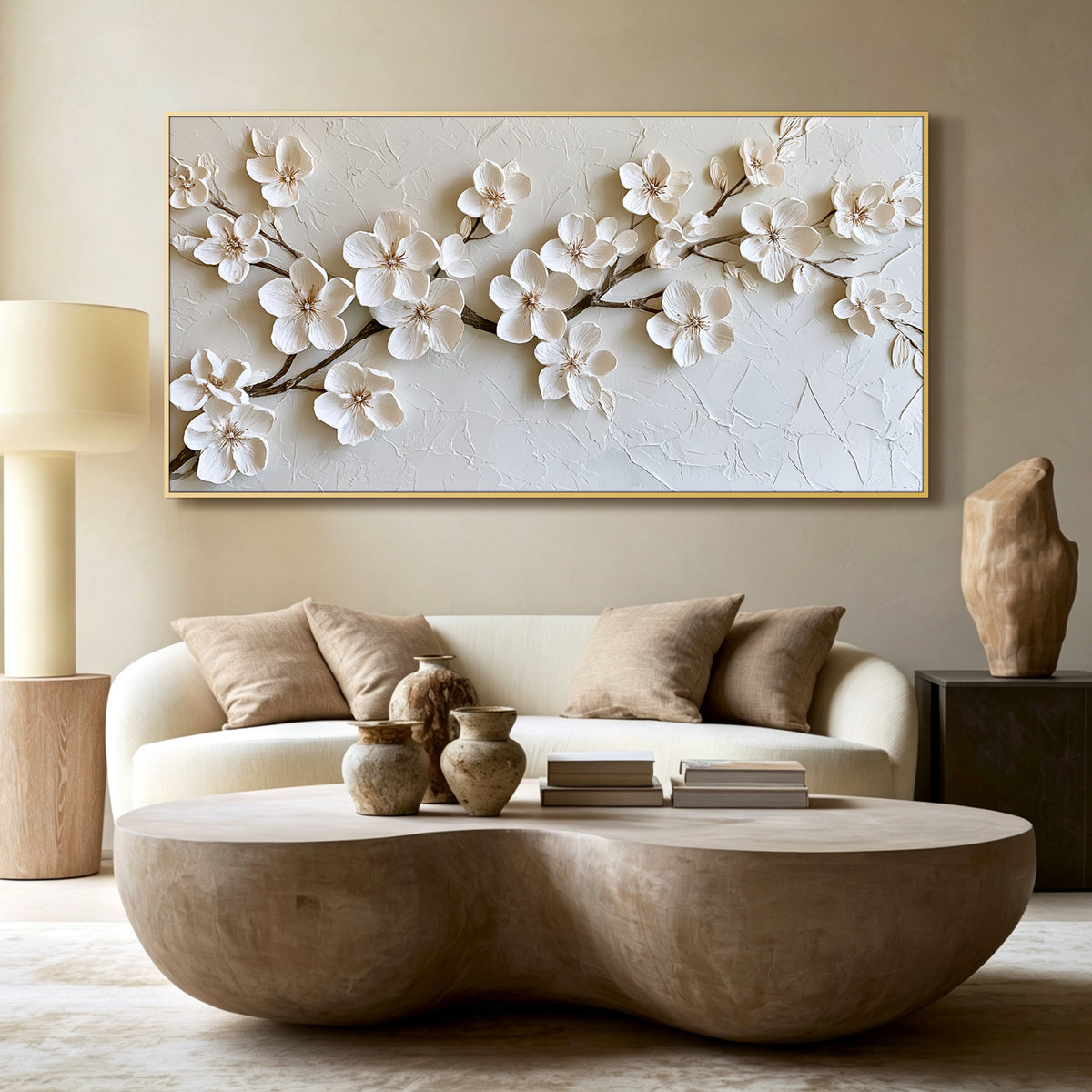 White cherry blossom impasto acrylic/oil painting on canvas, original palette knife textured wall art, handpainted