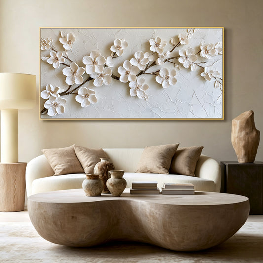 White cherry blossom impasto acrylic/oil painting on canvas, original palette knife textured wall art, handpainted