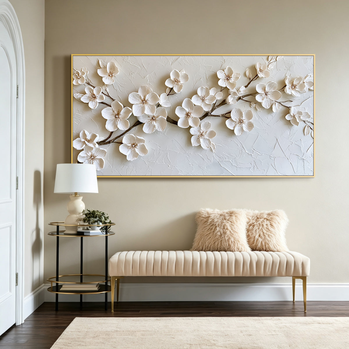 White cherry blossom impasto acrylic/oil painting on canvas, original palette knife textured wall art, handpainted