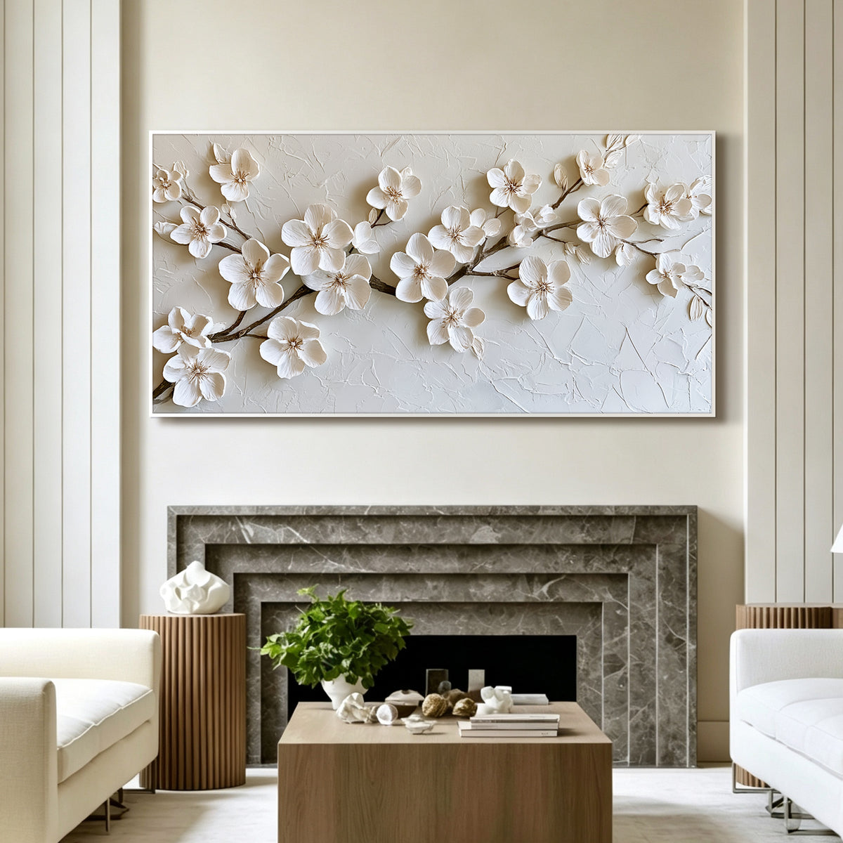 White cherry blossom impasto acrylic/oil painting on canvas, original palette knife textured wall art, handpainted