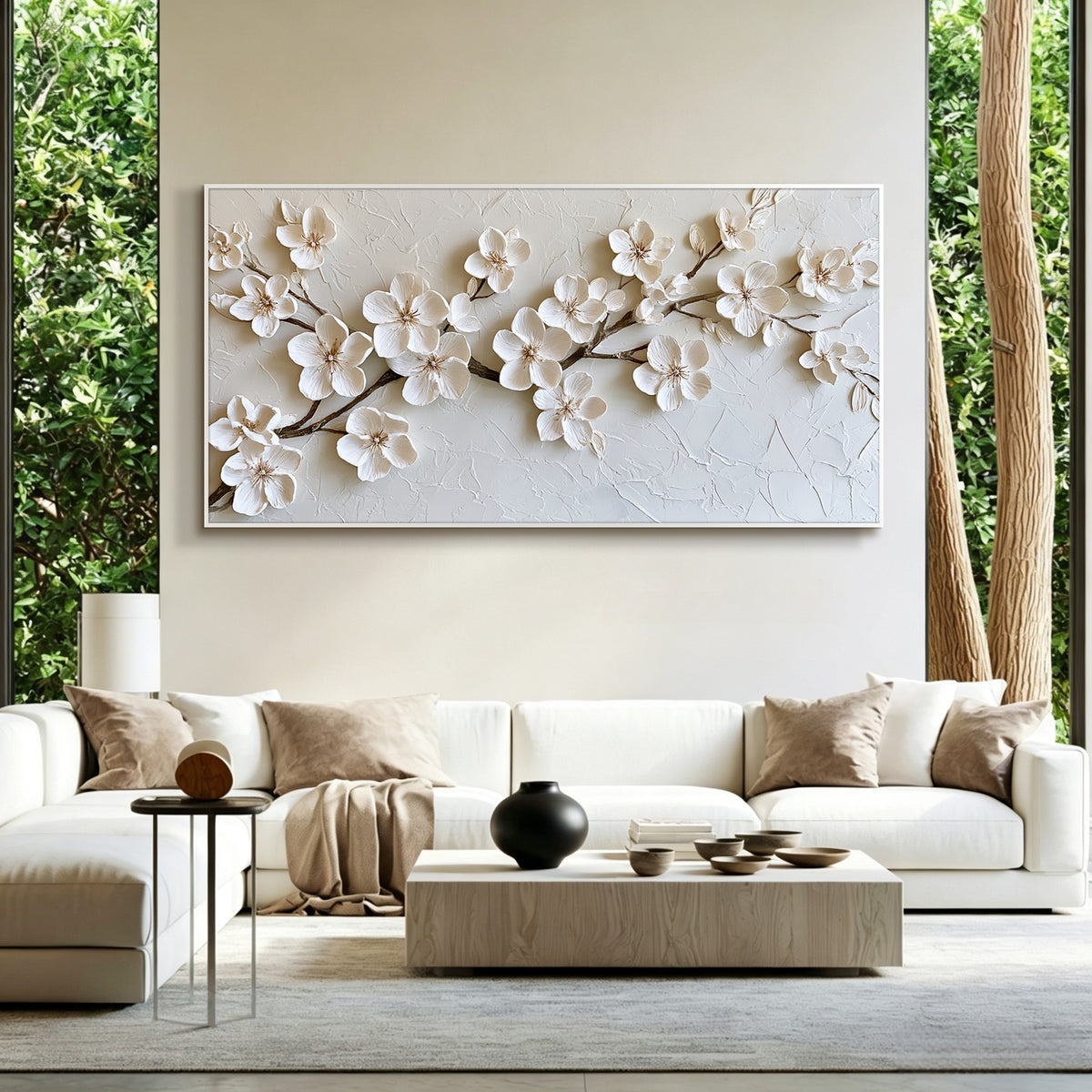 White cherry blossom impasto acrylic/oil painting on canvas, original palette knife textured wall art, handpainted