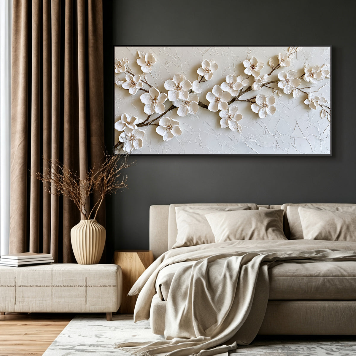 White cherry blossom impasto acrylic/oil painting on canvas, original palette knife textured wall art, handpainted