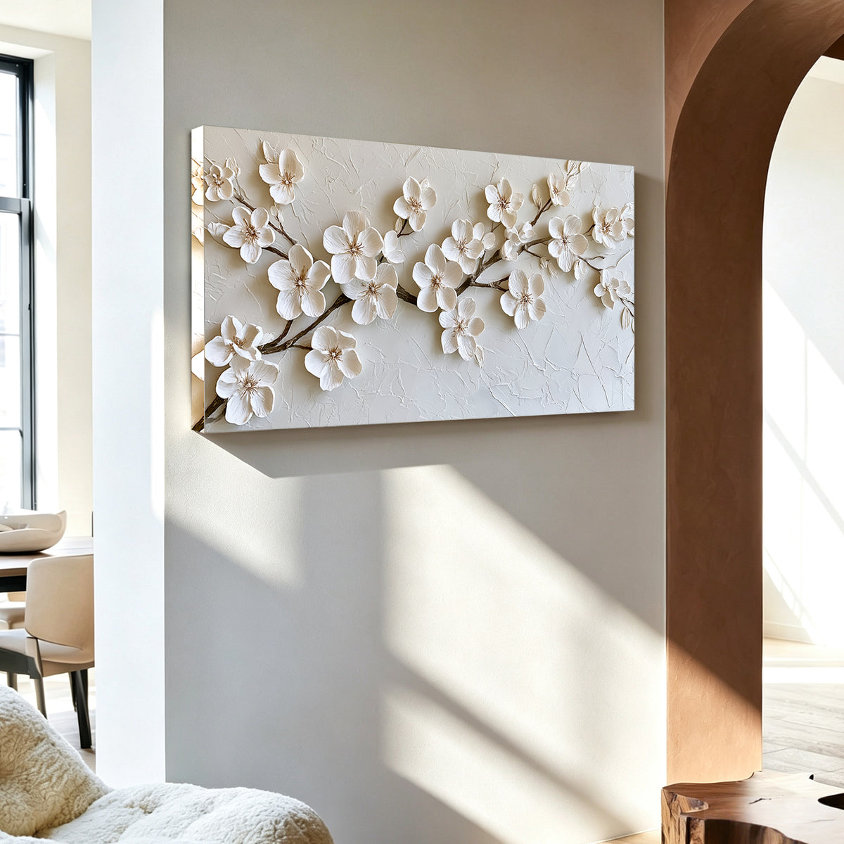 White cherry blossom impasto acrylic/oil painting on canvas, original palette knife textured wall art, handpainted
