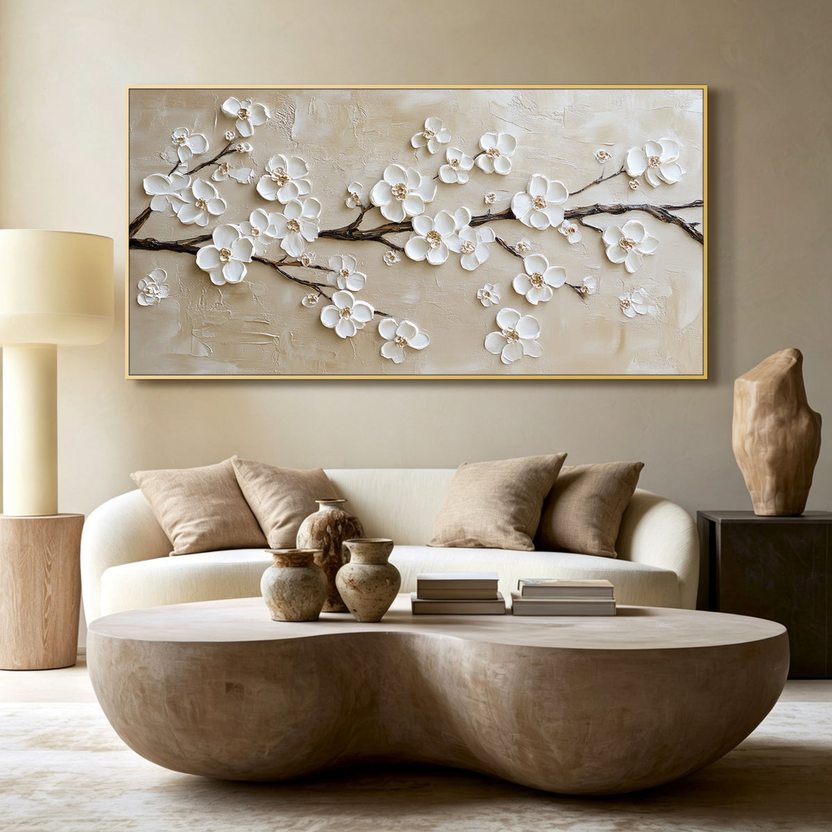 Champagne cherry blossom impasto acrylic/oil painting on canvas, original palette knife textured wall art, handpainted