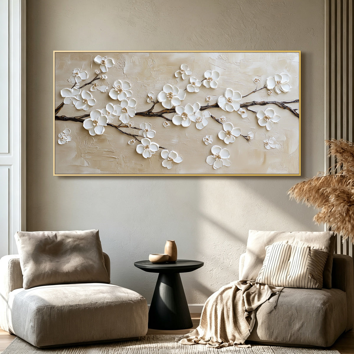 Champagne cherry blossom impasto acrylic/oil painting on canvas, original palette knife textured wall art, handpainted