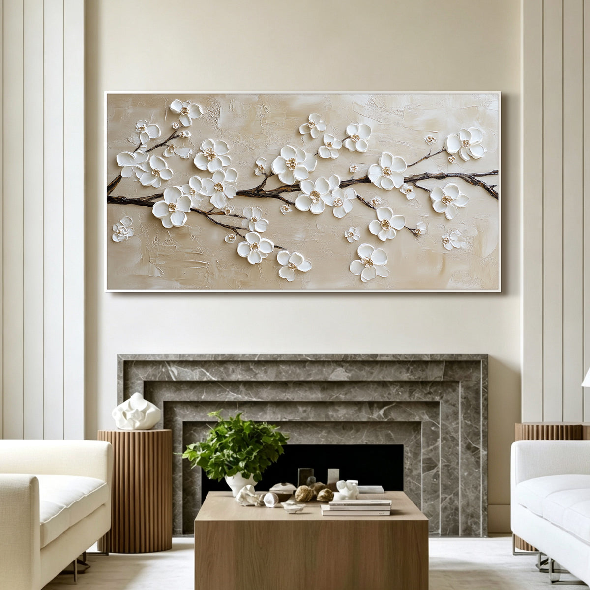 Champagne cherry blossom impasto acrylic/oil painting on canvas, original palette knife textured wall art, handpainted