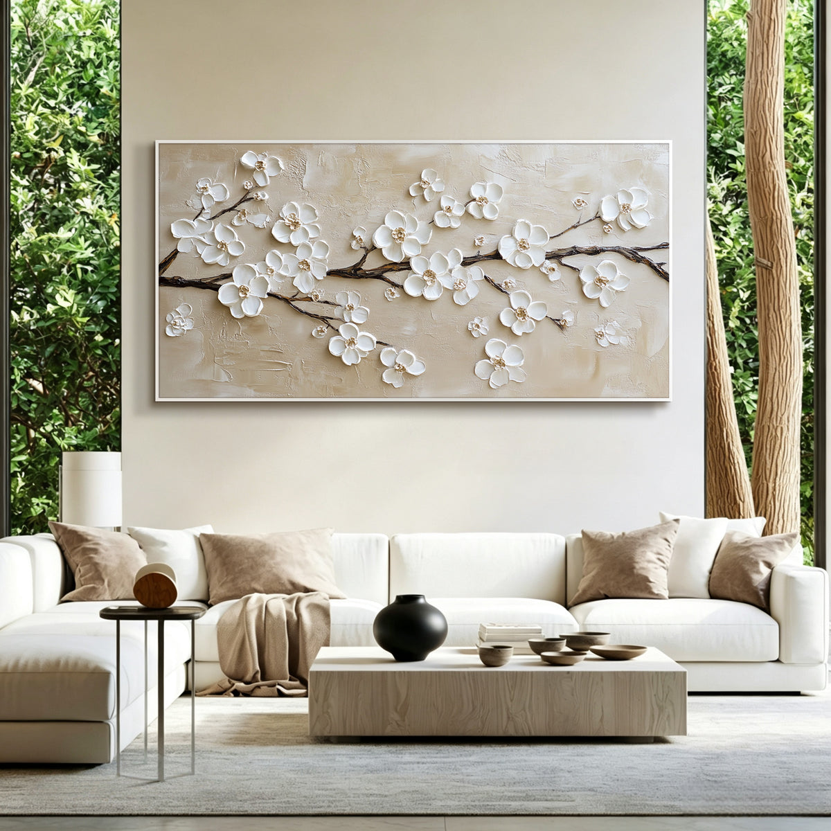 Champagne cherry blossom impasto acrylic/oil painting on canvas, original palette knife textured wall art, handpainted