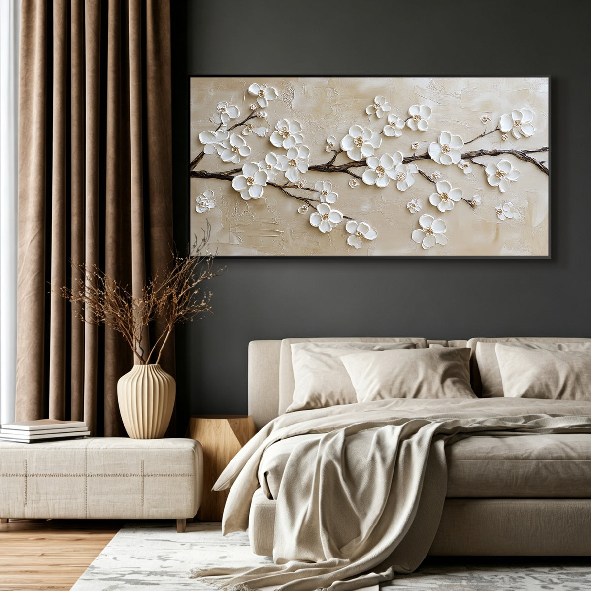 Champagne cherry blossom impasto acrylic/oil painting on canvas, original palette knife textured wall art, handpainted