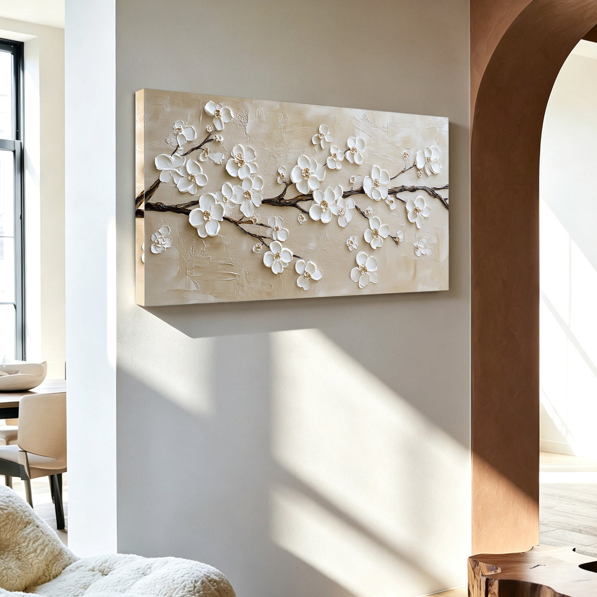 Champagne cherry blossom impasto acrylic/oil painting on canvas, original palette knife textured wall art, handpainted